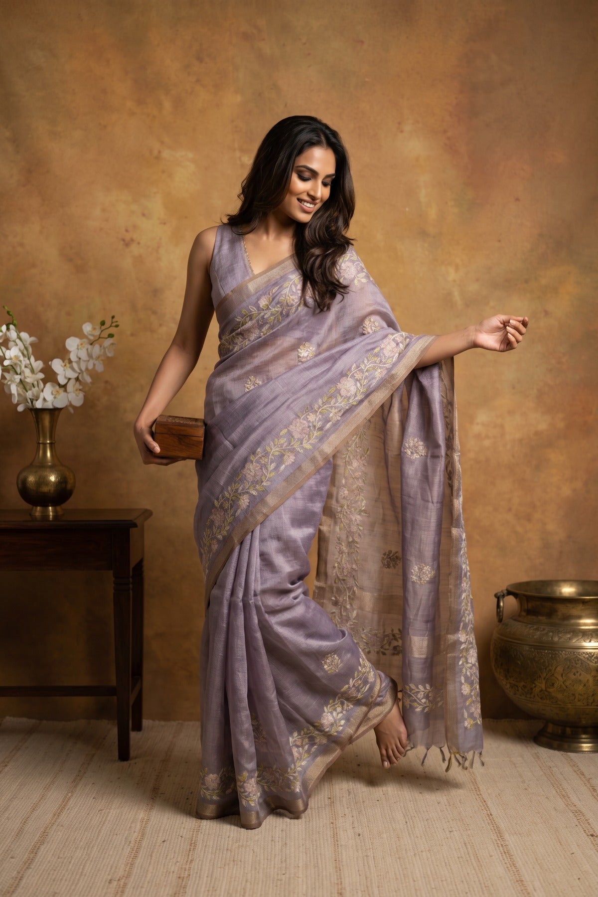 Lavender Vines Linen Tissue Saree