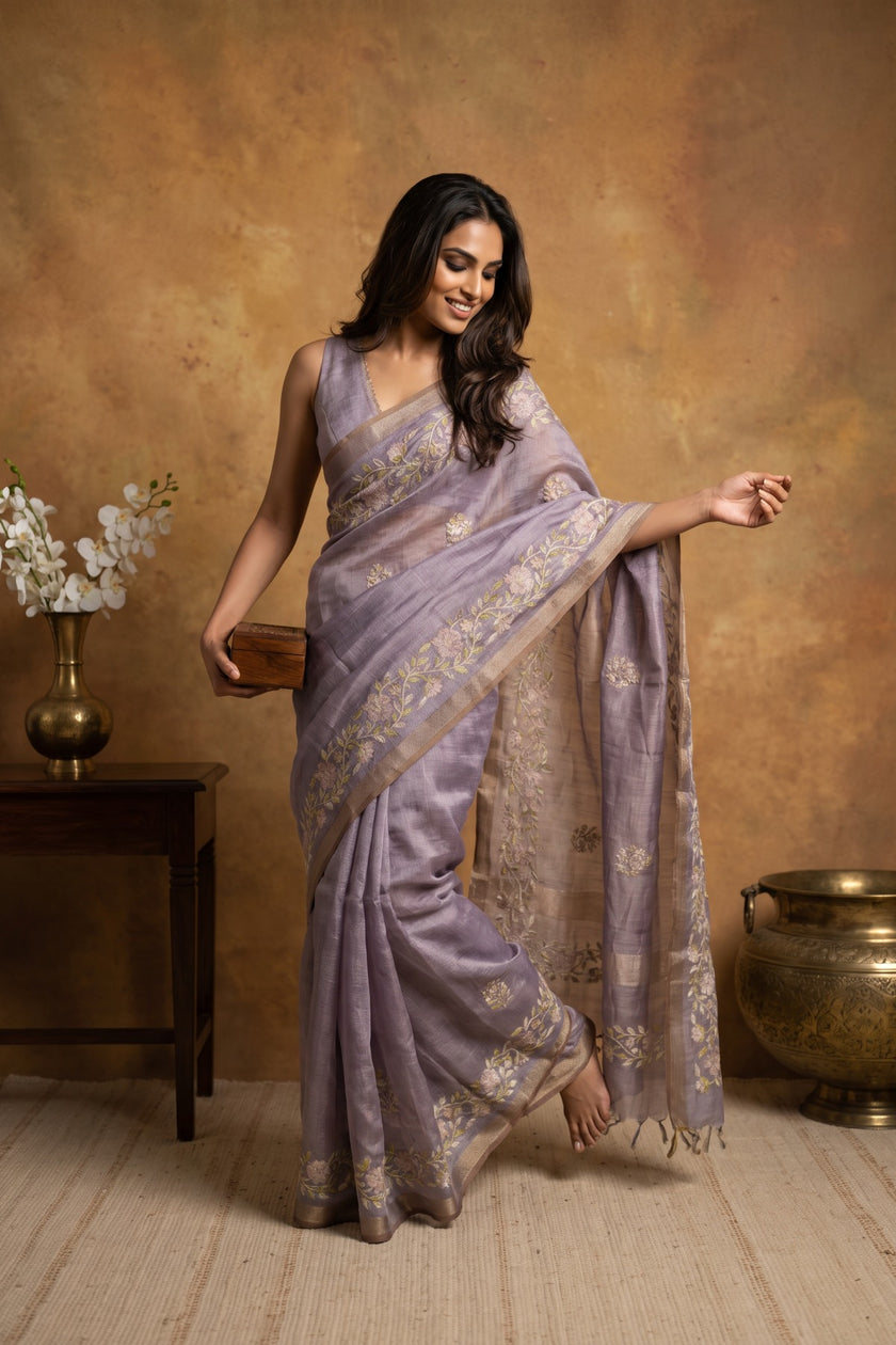 Lavender Vines Linen Tissue Saree