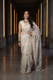 Ivory Tissue Saree – Flamingo Digital Print with Embroidered Detailing