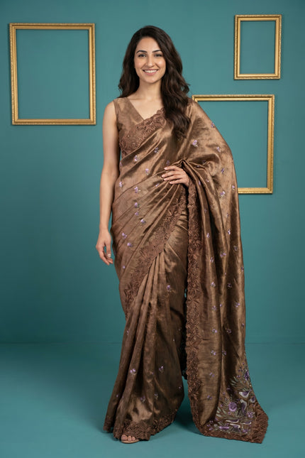 Whispering Aviary Soft Crush Tussar Cut Work Saree
