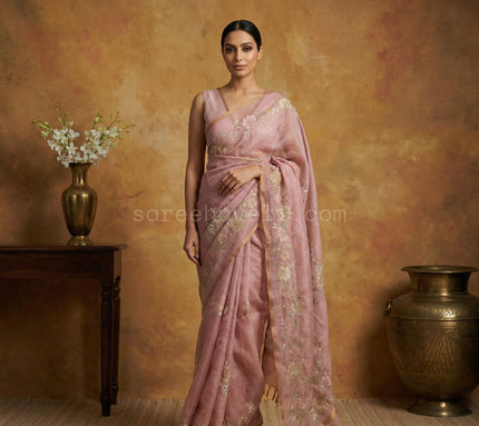Blush Vine Linen Tissue Saree - Saree Haveli Default Title