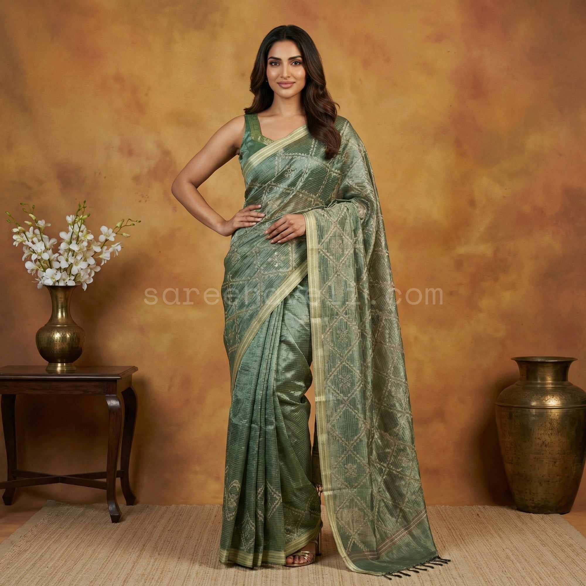 Classic Woven Tissue Silk Saree - Saree Haveli Green