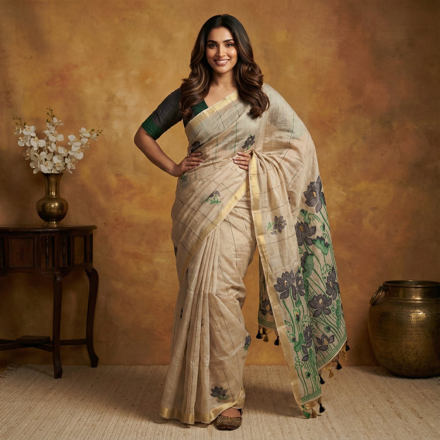 Cream & Blue Muga Cotton Saree with Resham Pallu