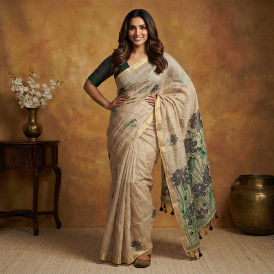 Cream & Blue Muga Cotton Saree with Resham Pallu