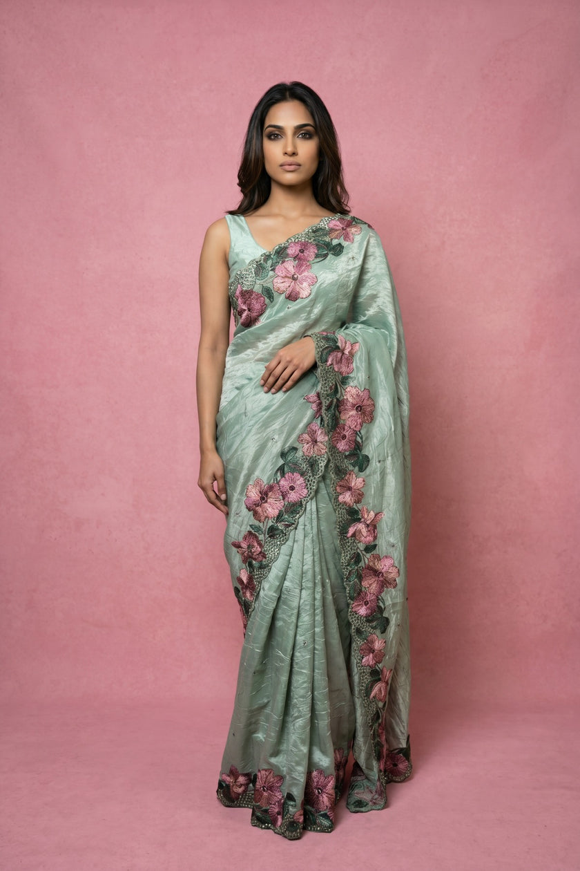Floral Blossom Cut Work Crush Silk Saree