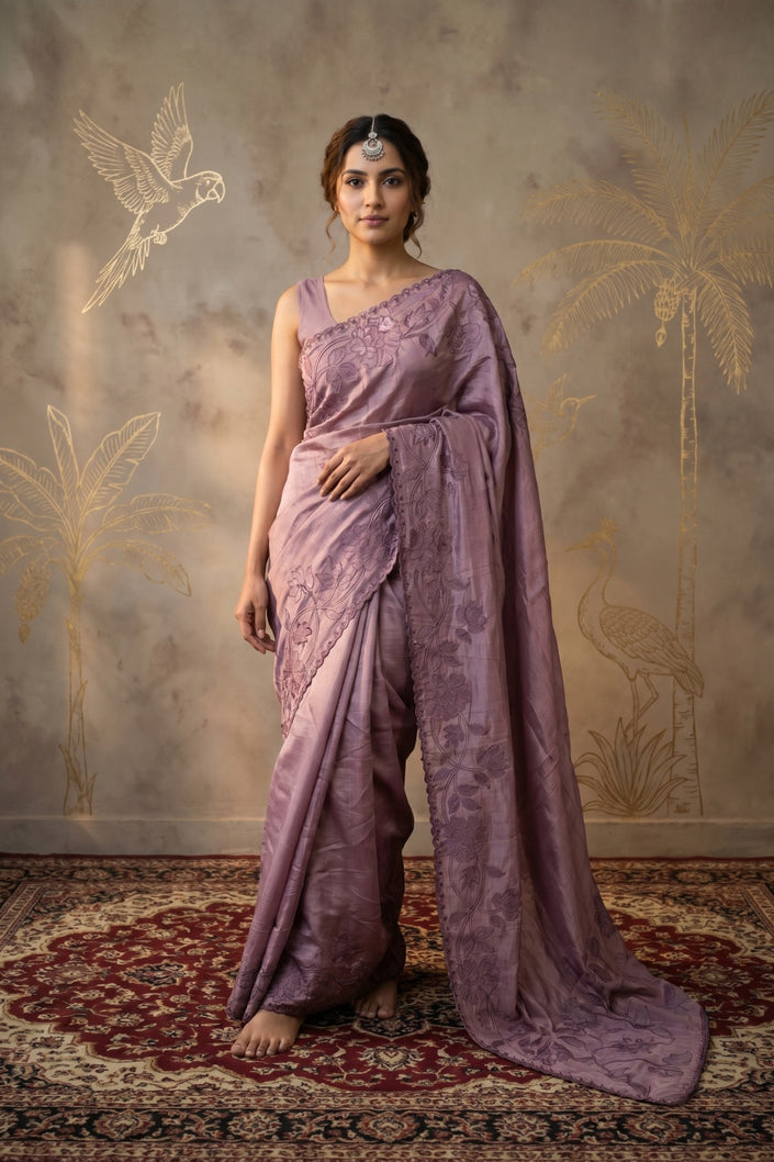 Mauve Bloom Satin Tussar Saree