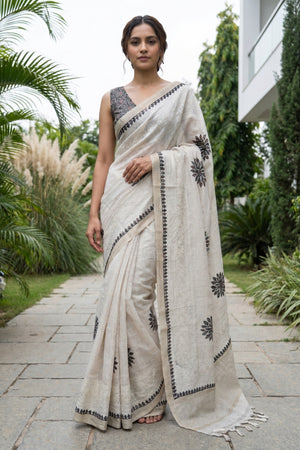 Ivory Noir Embroidered Linen Saree