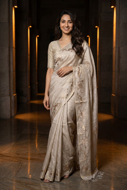 Pearl Gold Floral Viscose Silk