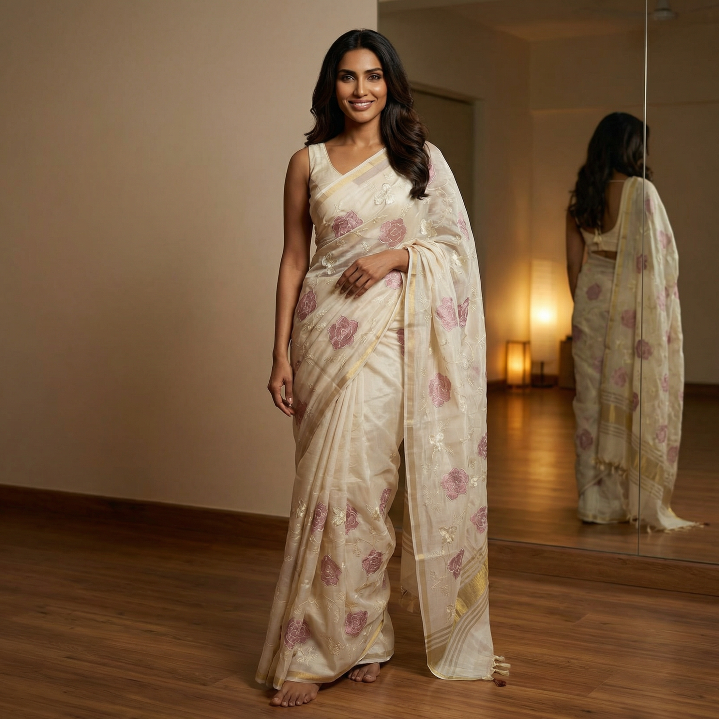 Pink Blossom Mul Chanderi Saree