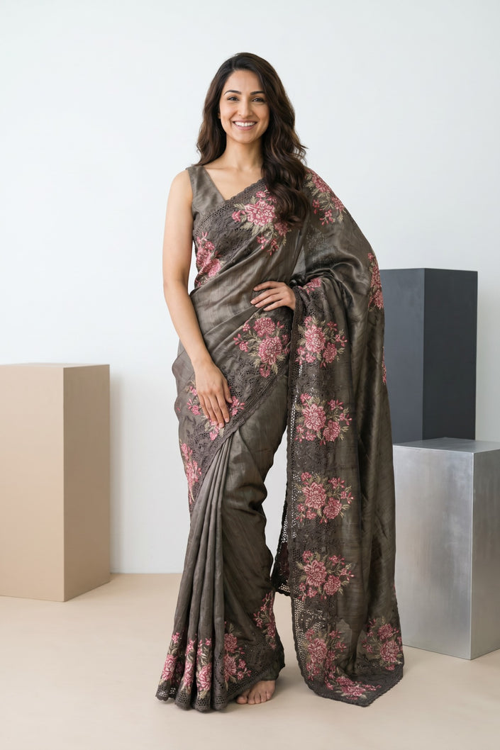 Floral Lace Crush Tussar Cut Work Saree