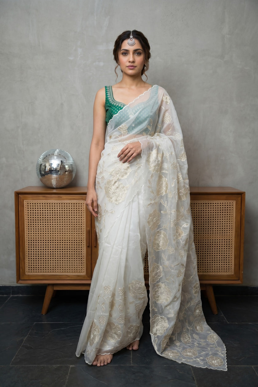 Ivory Bloom Semi Organza Floral Appliqué Saree