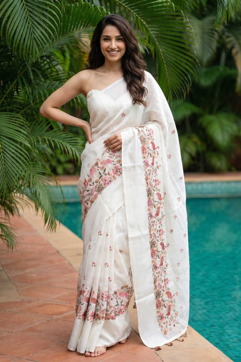 Thamara Whispers Jute Silk Saree with Satin Border & Bird Embroidery