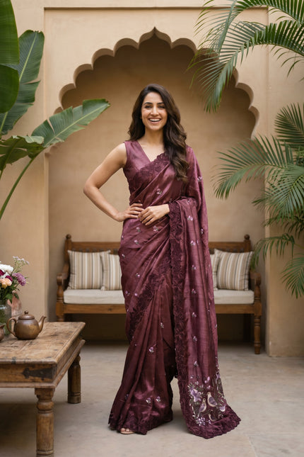 Whispering Aviary Soft Crush Tussar Cut Work Saree