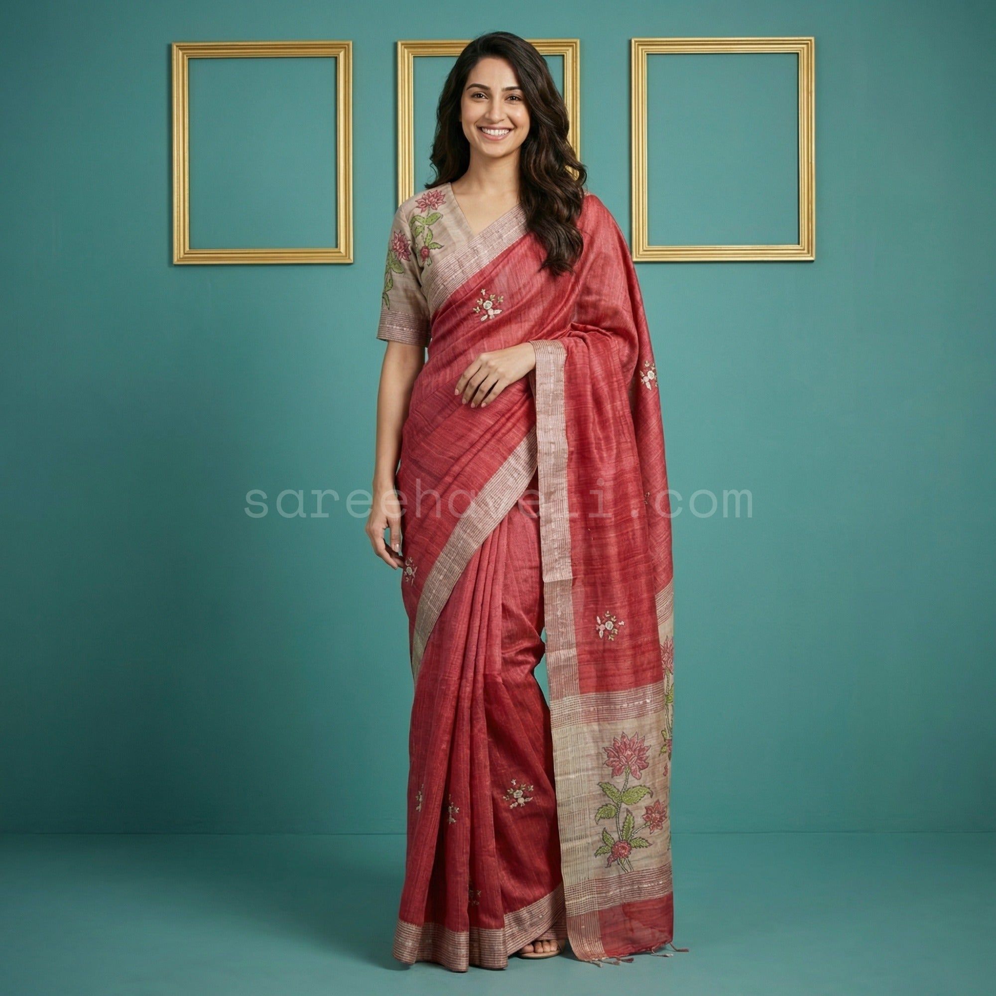 Crimson Garden Tussar - Saree Haveli Default Title