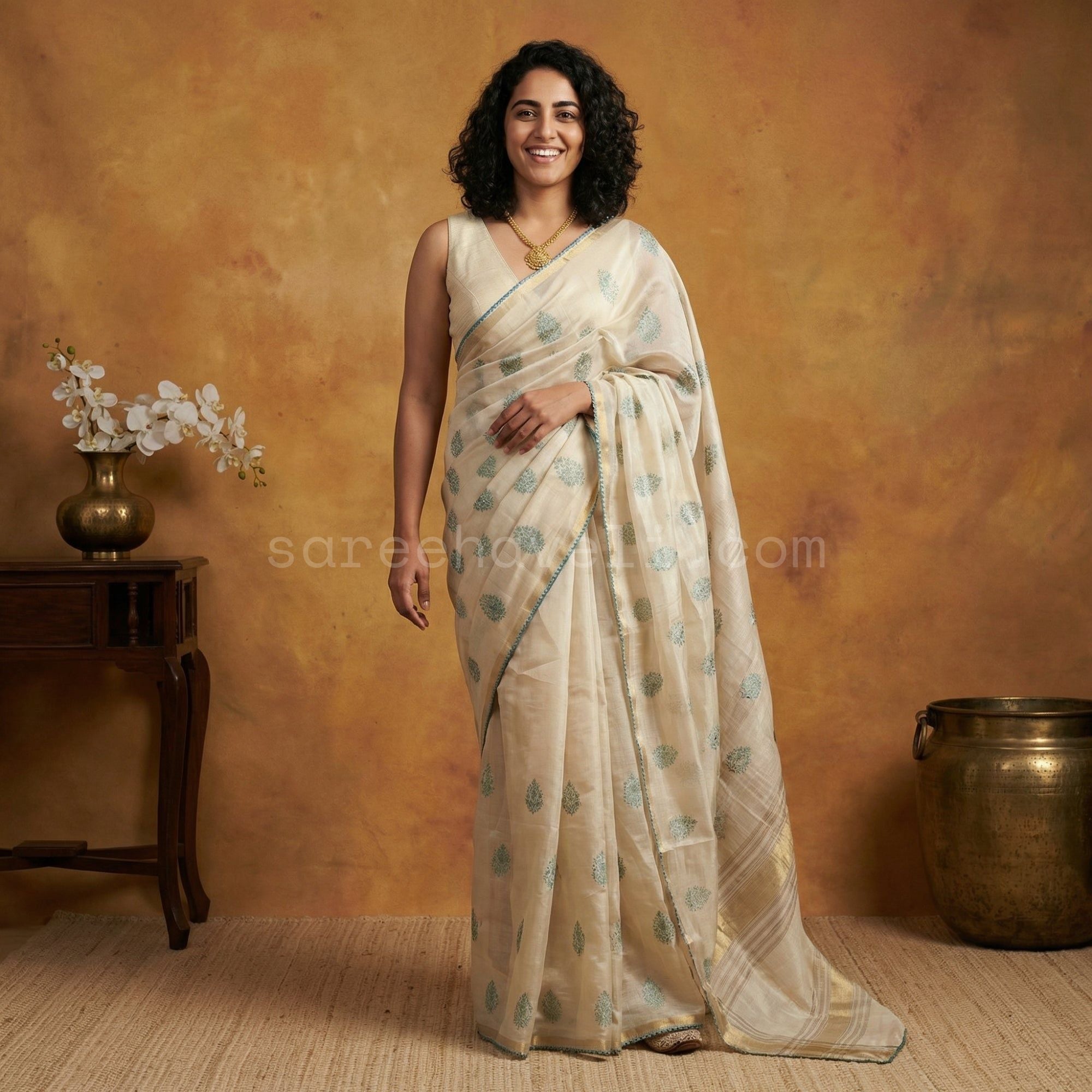 Bloom Butti Mul Chanderi - Saree Haveli Blue
