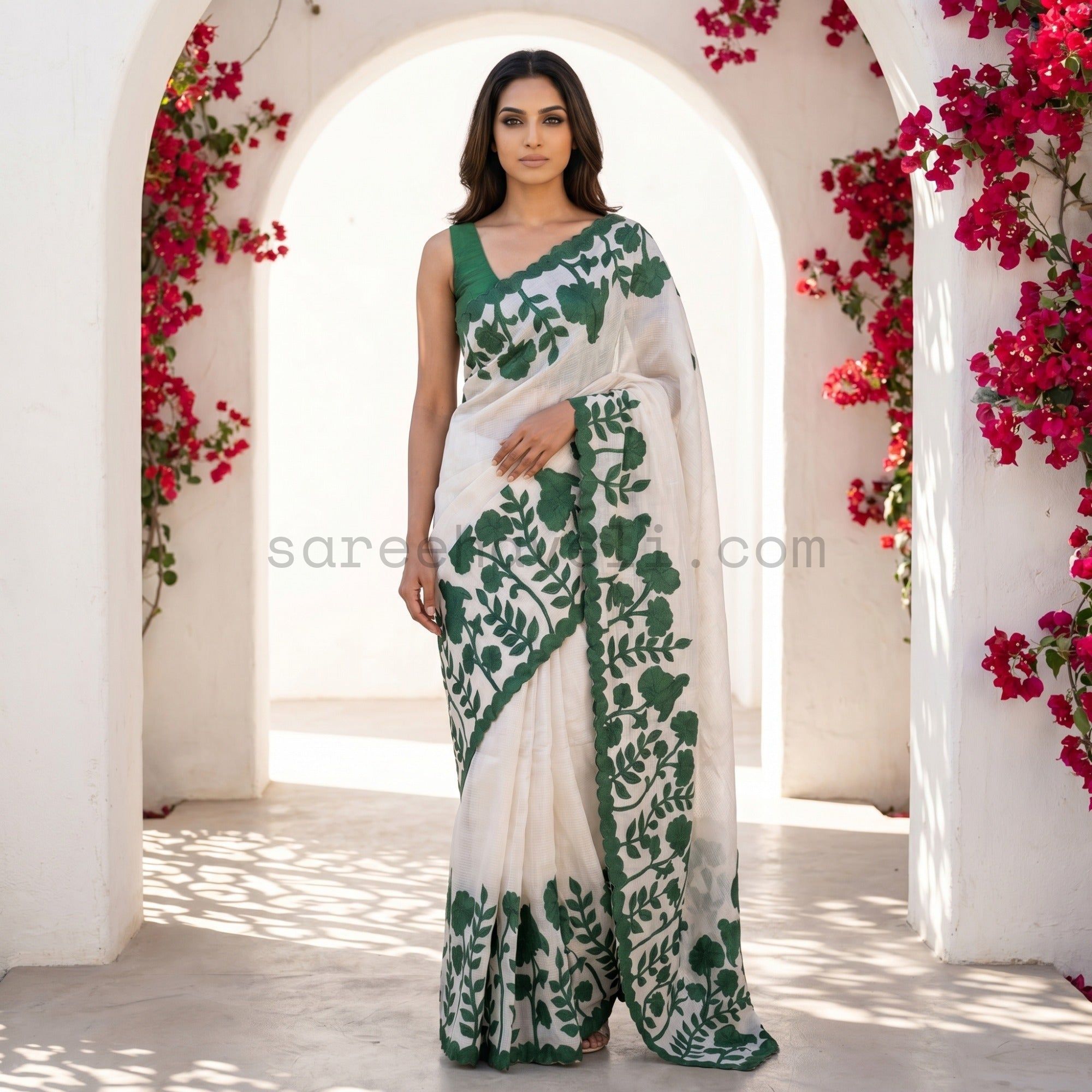 Ivory Emerald Green Appliqué Kota