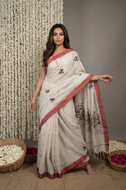 Deep Red Blossom Linen Tissue Saree