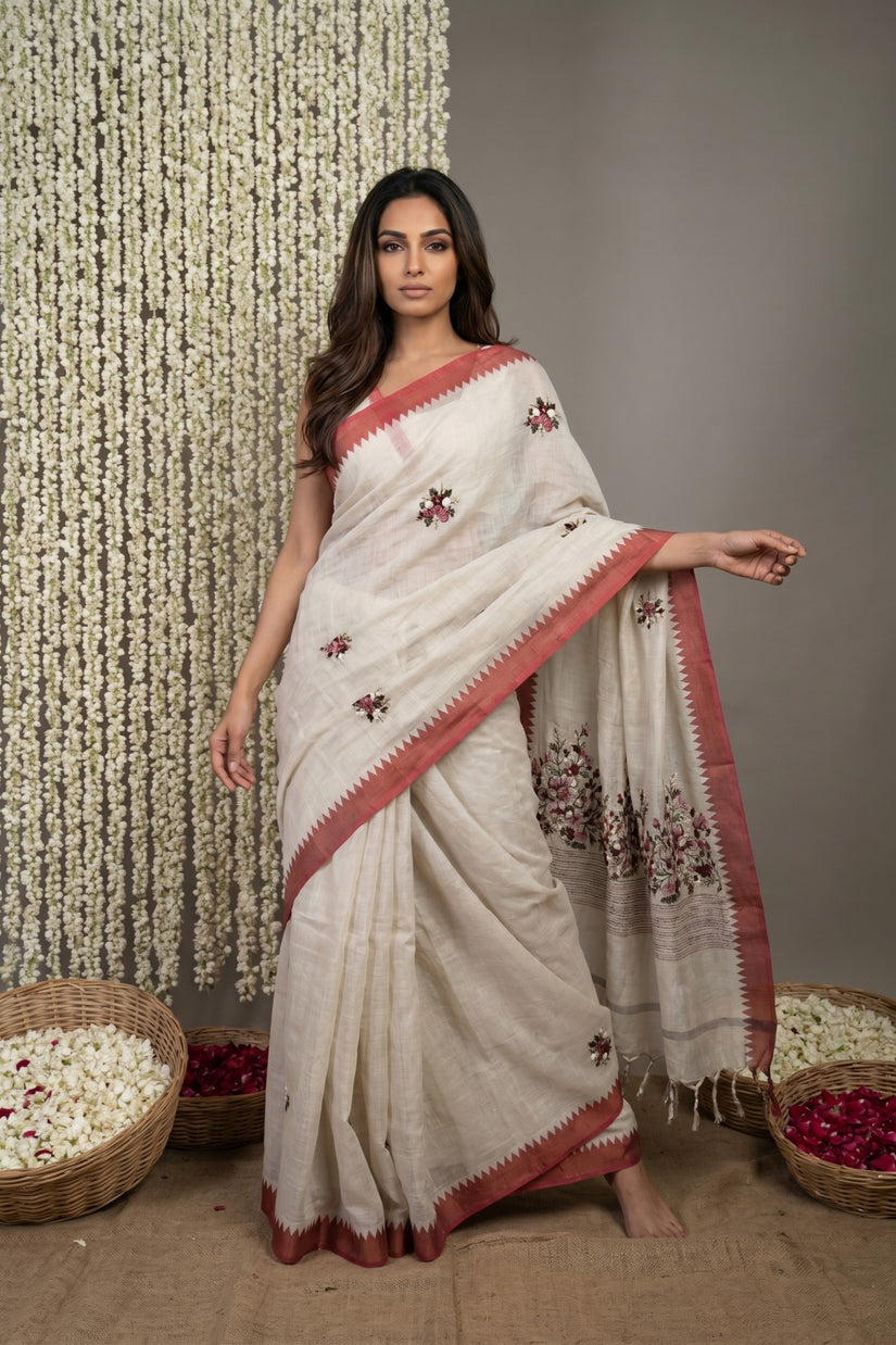 Deep Red Blossom Linen Tissue Saree