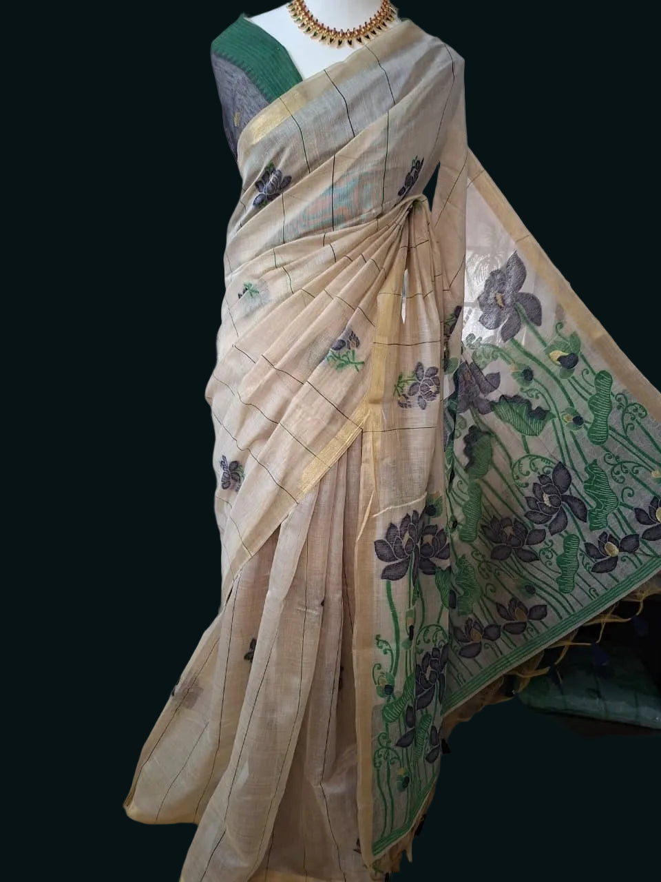 Cream & Blue Muga Cotton Saree with Resham Pallu