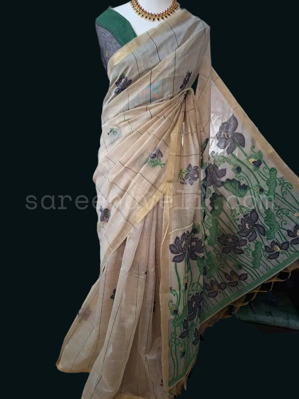 Cream & Blue Muga Cotton Saree with Resham Pallu - Saree Haveli Default Title
