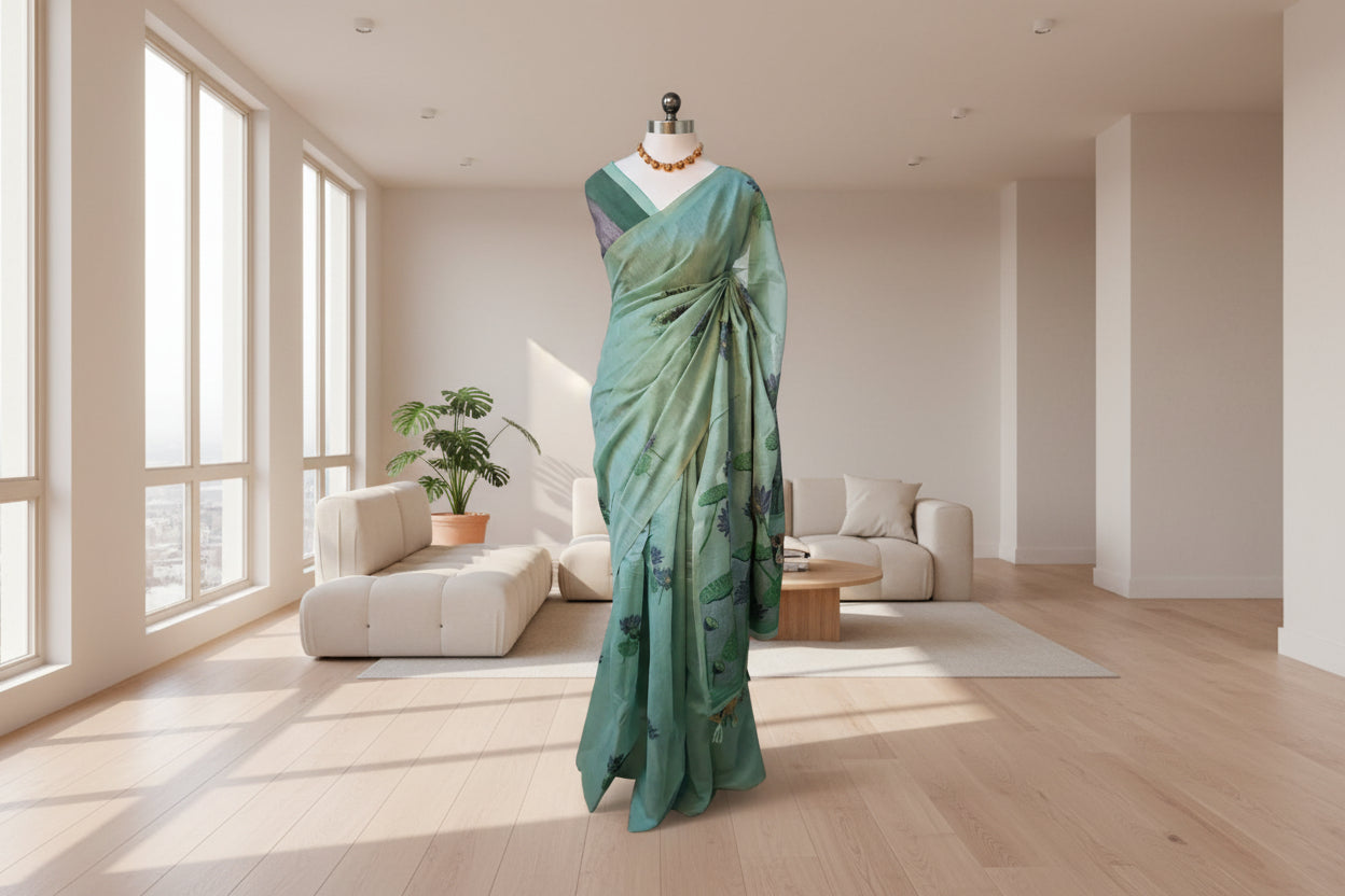 Rama Green Pichwai Woven Muga Silk Saree