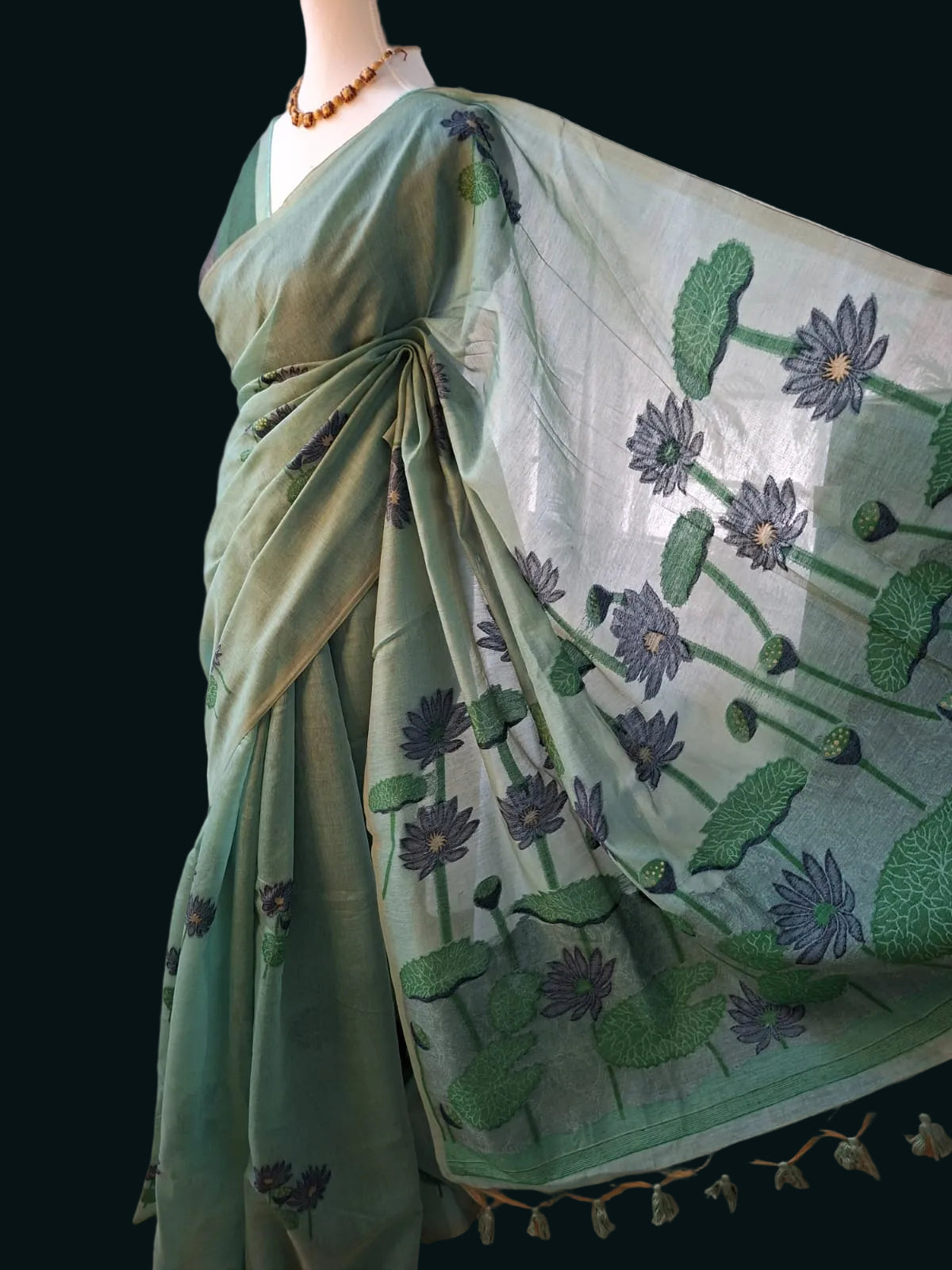 Rama Green Pichwai Woven Muga Silk Saree