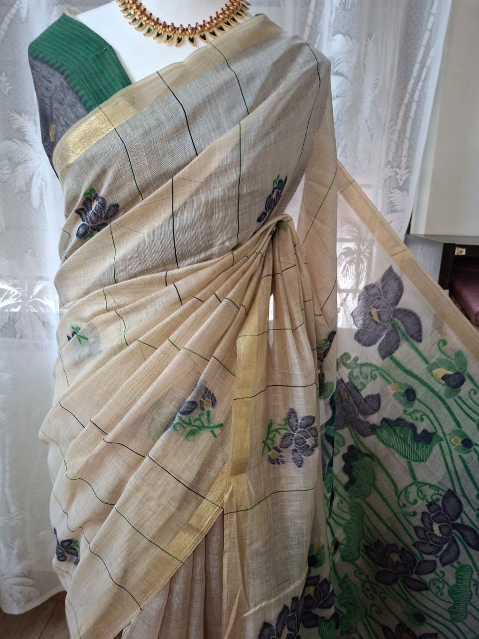 Cream & Blue Muga Cotton Saree with Resham Pallu