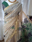 Cream & Blue Muga Cotton Saree with Resham Pallu - Saree Haveli Default Title