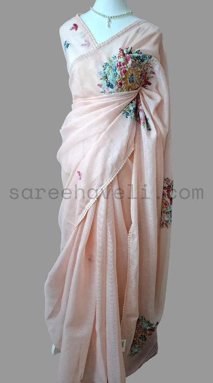 Floral Kantha Silky Kota Saree - Saree Haveli Pink