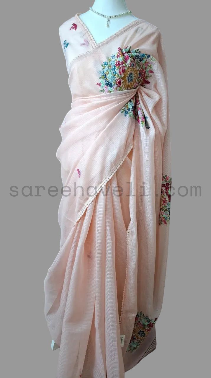 Floral Kantha Silky Kota Saree - Saree Haveli Pink
