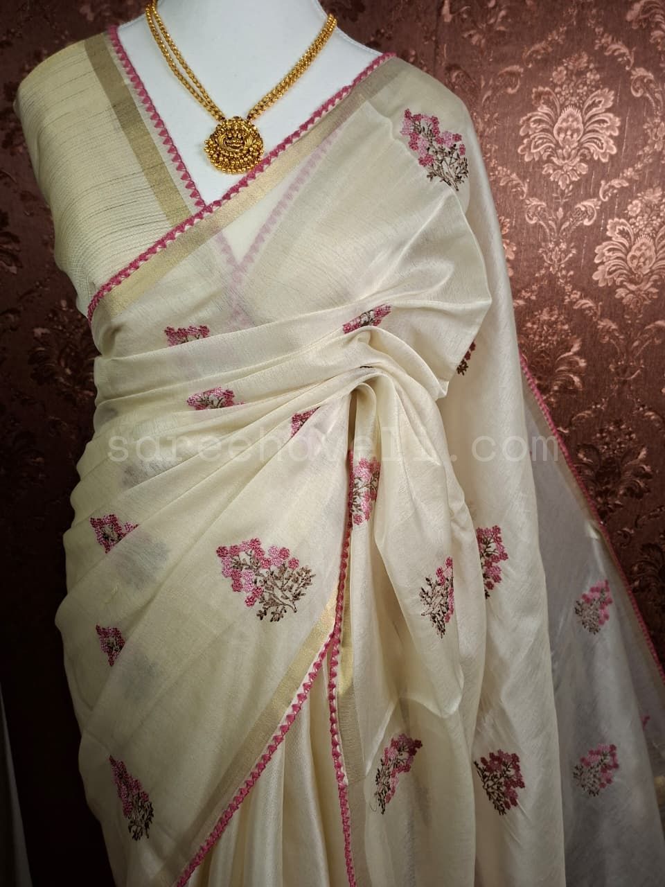 Floral Grace Mul Chanderi - Saree Haveli Blue