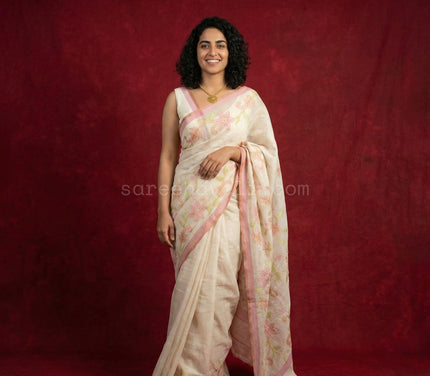 Spring Bloom Linen Tissue Saree - Saree Haveli Pink