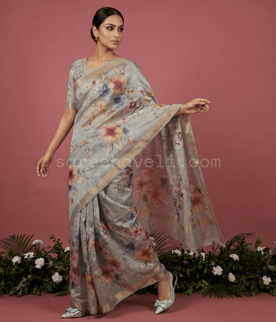 Floral Grace Pure Silk Linen Saree - Saree Haveli Dusty Lilac