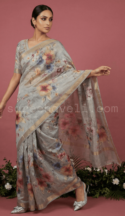 Floral Grace Pure Silk Linen Saree - Saree Haveli Dusty Lilac