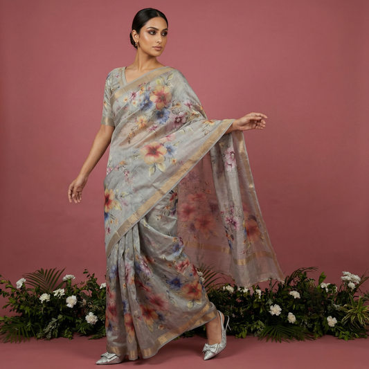 Floral Grace Pure Silk Linen Saree