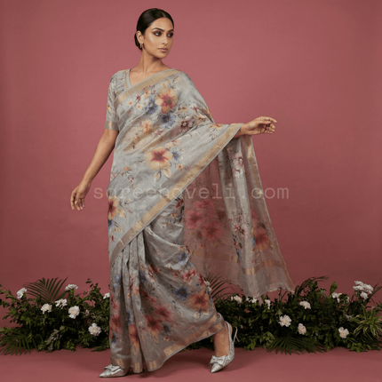 Floral Grace Pure Silk Linen Saree - Saree Haveli Dusty Lilac