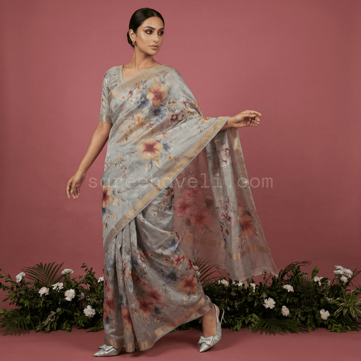 Floral Grace Pure Silk Linen Saree - Saree Haveli Dusty Lilac