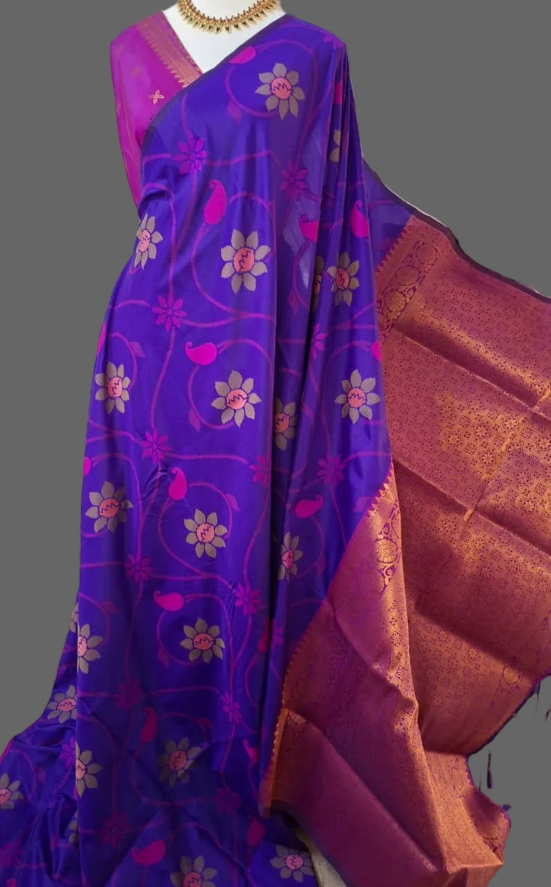 Floral Raga Soft Silk Saree - Saree Haveli Violet Purple Soft Silk