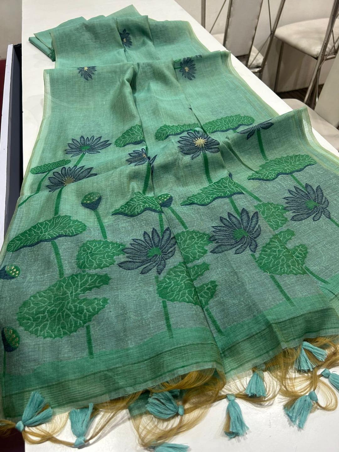 Rama Green Pichwai Woven Muga Silk Saree