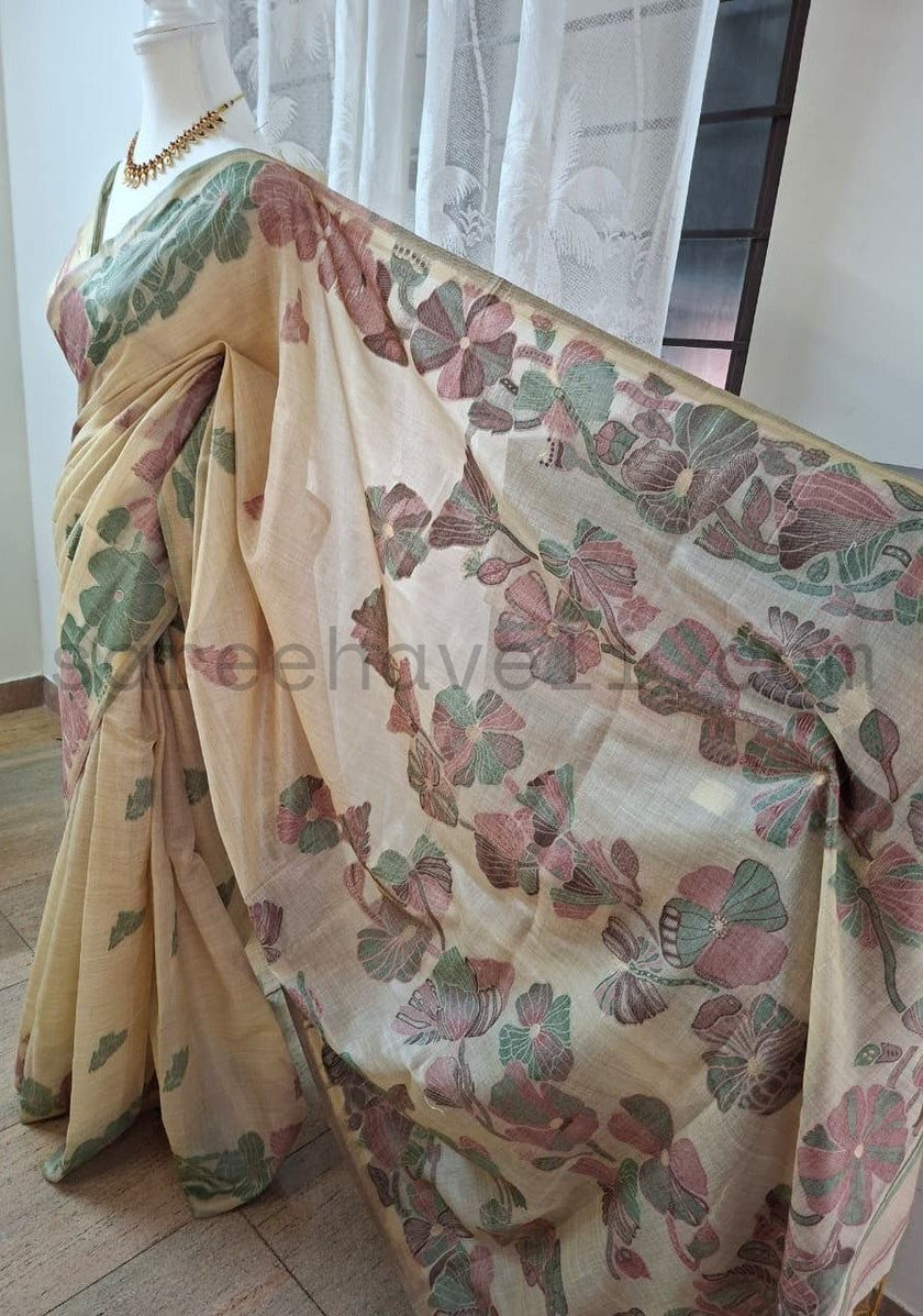 Classic Beige Muga Silk Saree with Floral Motifs - Saree Haveli Blue-Green