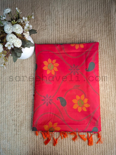 Floral Raga Soft Silk Saree - Saree Haveli Red Soft Silk