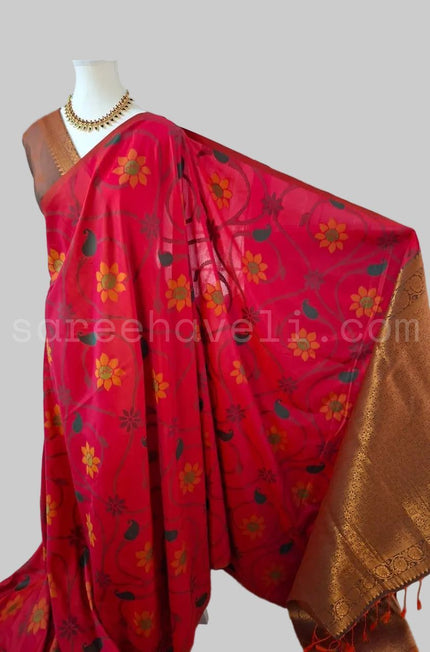 Floral Raga Soft Silk Saree - Saree Haveli Red Soft Silk