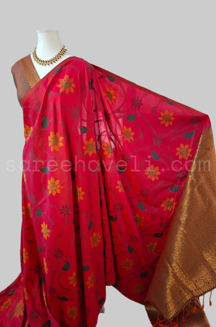 Floral Raga Soft Silk Saree - Saree Haveli Red Soft Silk