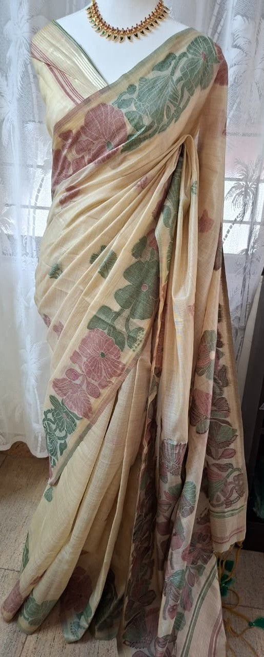 Classic Beige Muga Silk Saree with Floral Motifs - Saree Haveli Maroon-Green