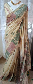 Classic Beige Muga Silk Saree with Floral Motifs - Saree Haveli Maroon-Green
