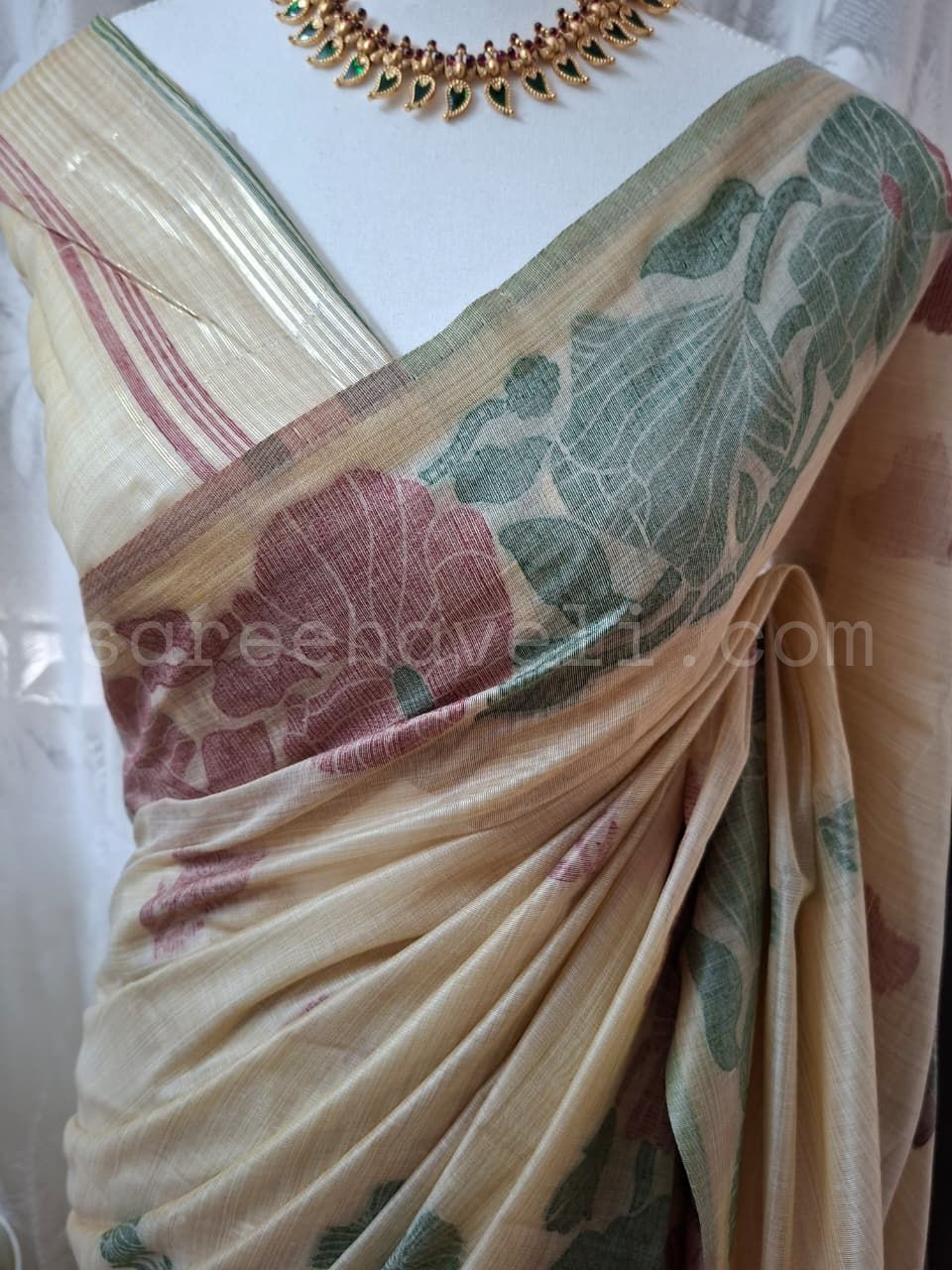 Classic Beige Muga Silk Saree with Floral Motifs - Saree Haveli Blue-Green