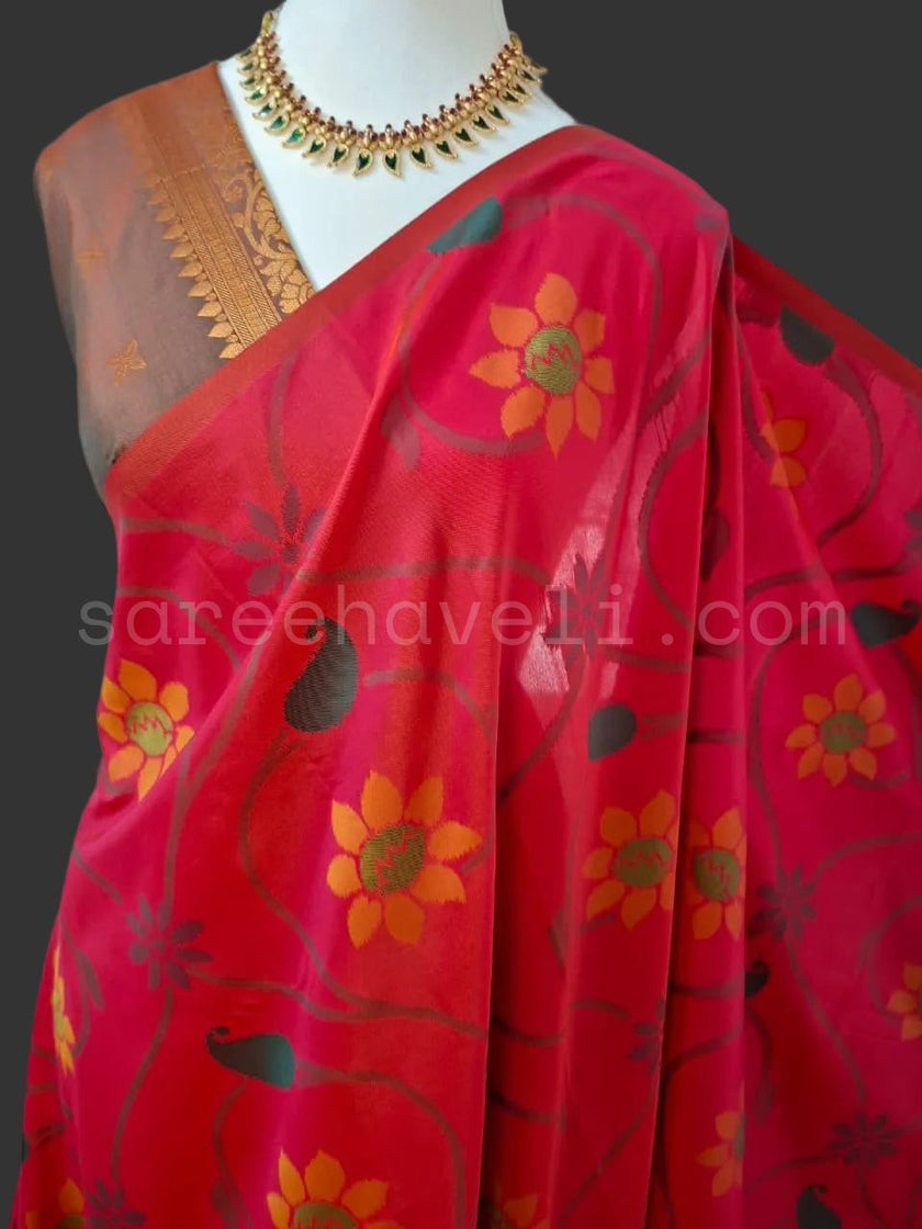 Floral Raga Soft Silk Saree - Saree Haveli Red Soft Silk