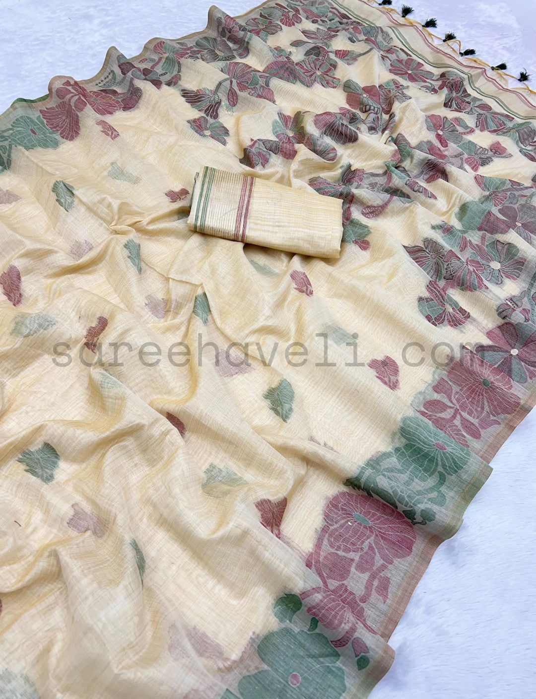 Classic Beige Muga Silk Saree with Floral Motifs - Saree Haveli Blue-Green