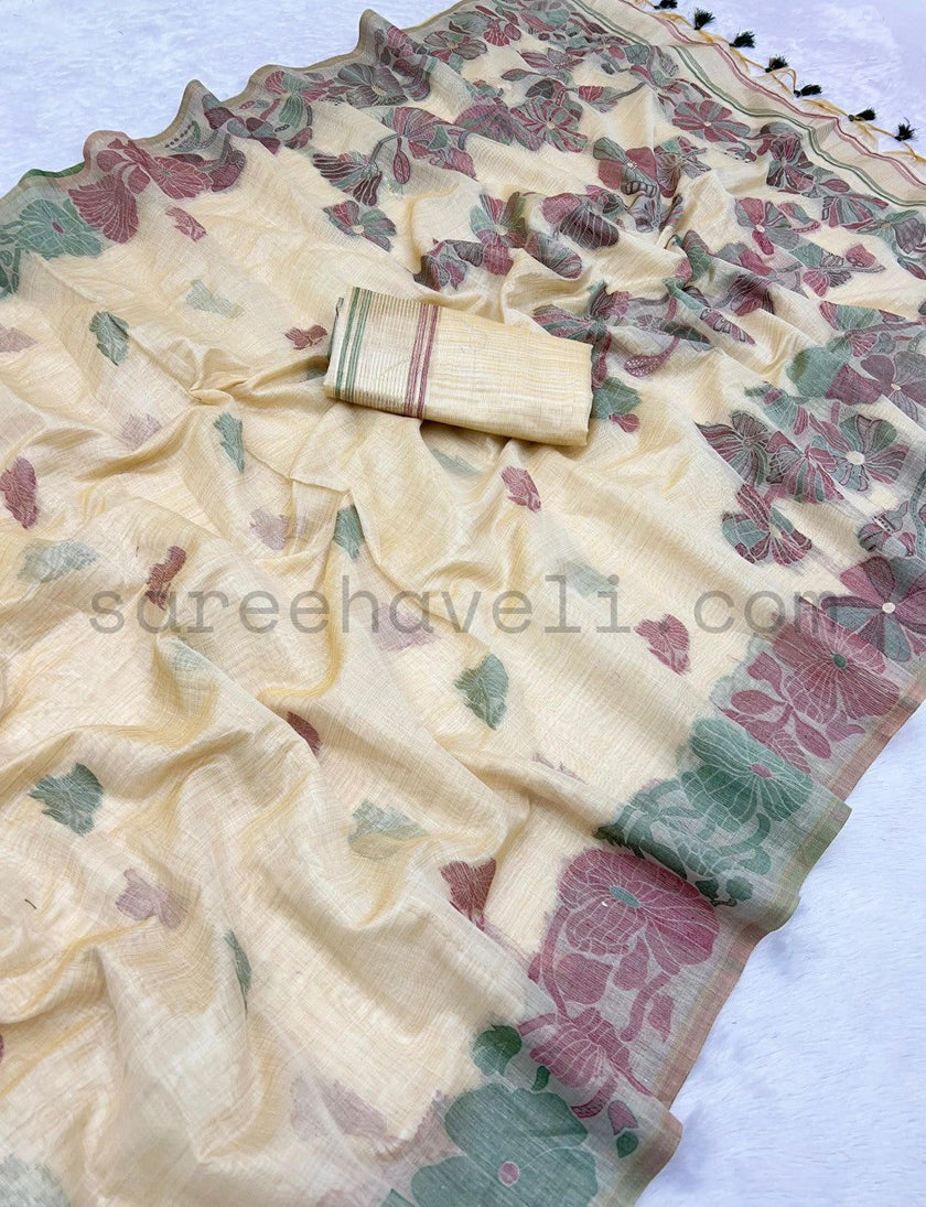 Classic Beige Muga Silk Saree with Floral Motifs - Saree Haveli Blue-Green