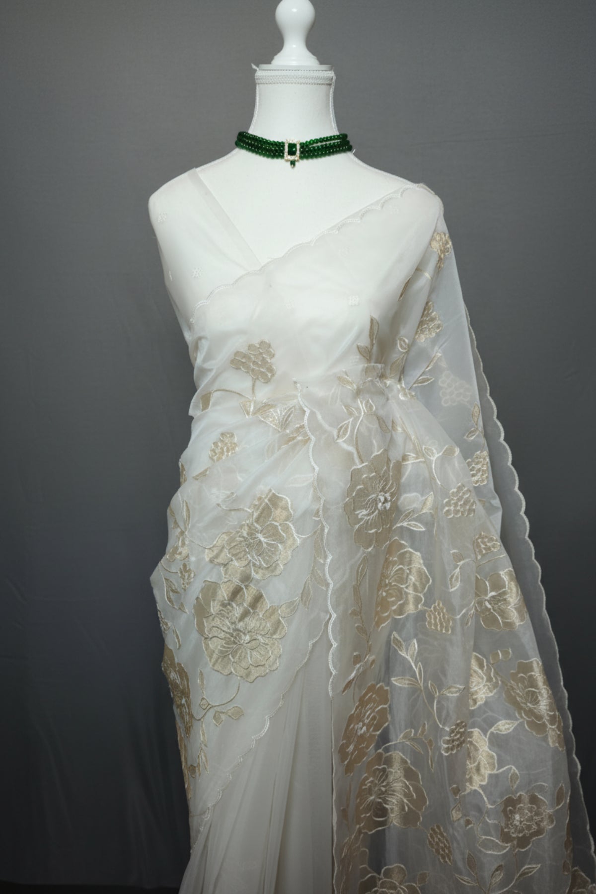 Ivory Bloom Semi Organza Floral Appliqué Saree